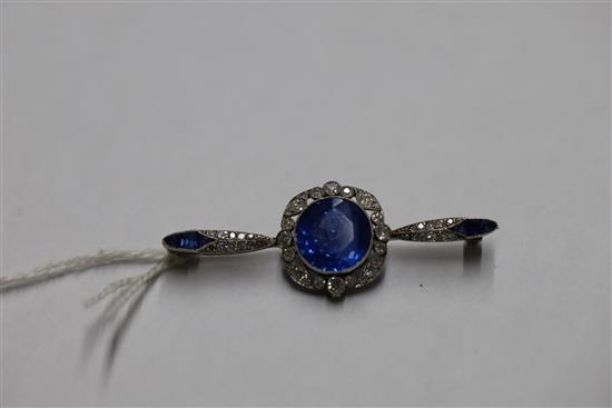An early 20th century French platinum, sapphire and diamond bar brooch,